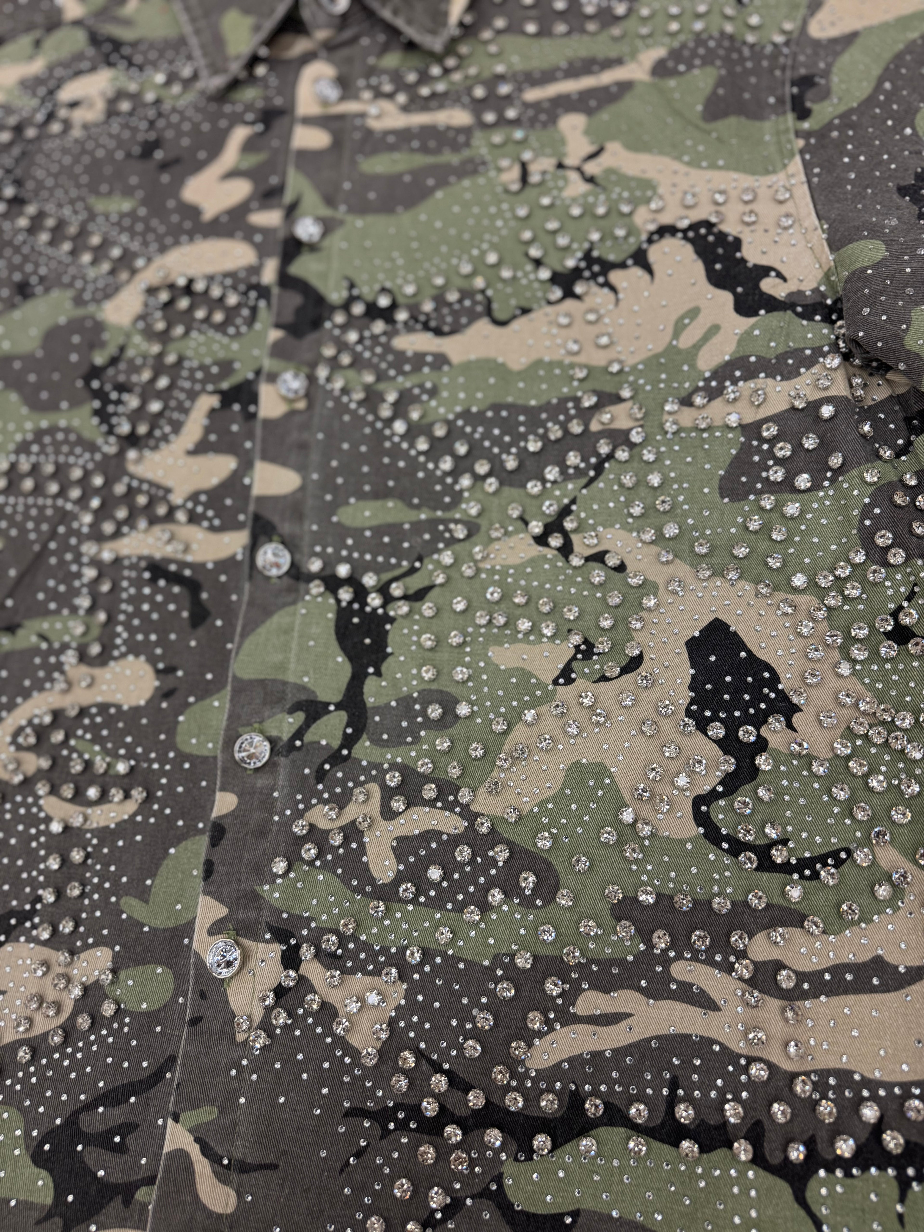 Majestik Varsity Rhinestone Tapestry Shirts- Wood Camo