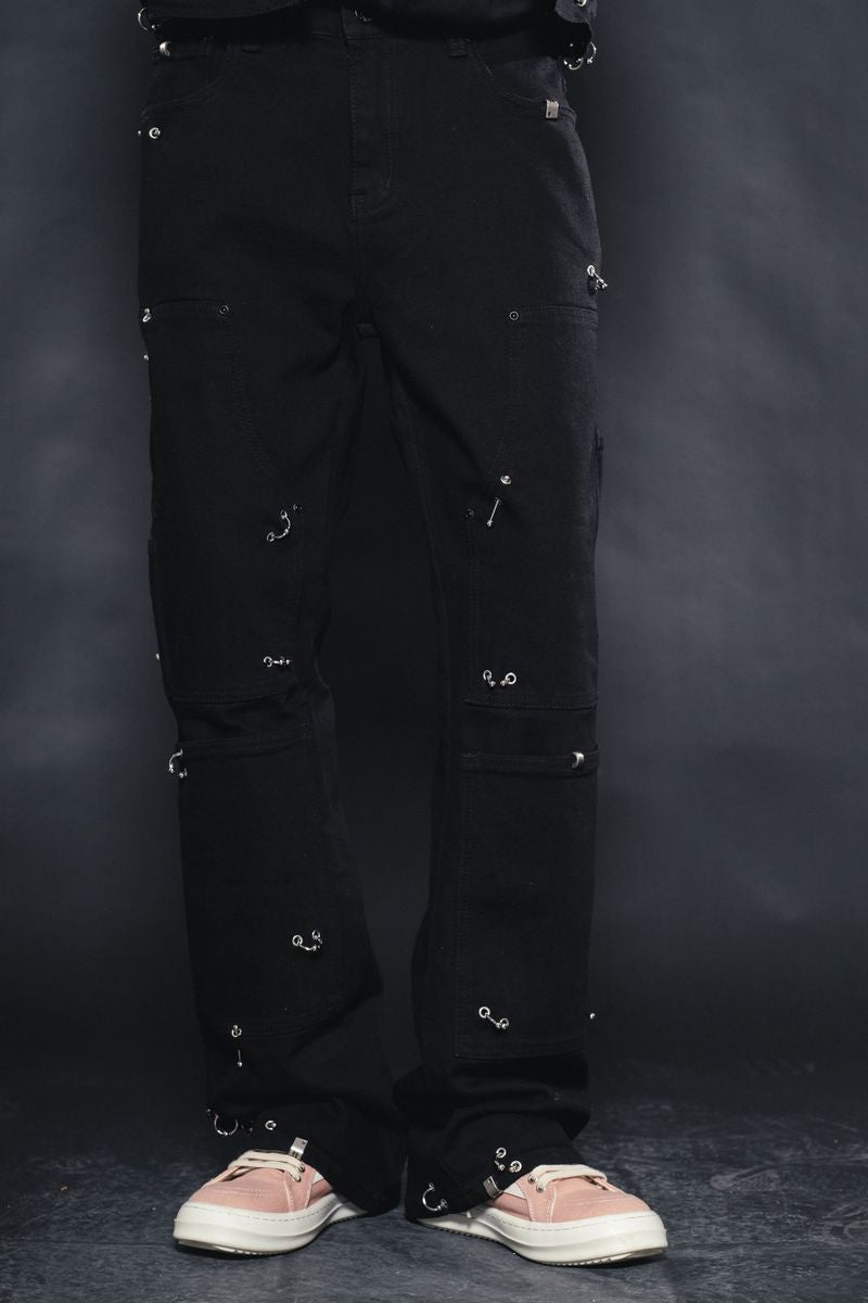 Vicious Baggy Fit Embellished Piercing Carpenter Denim - Vintage Black