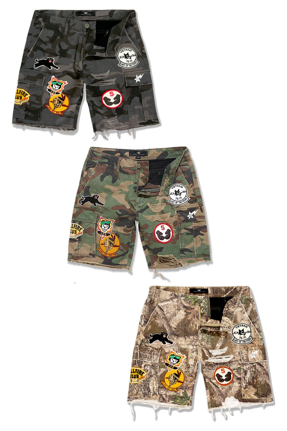 JC War Angel Cargo Shorts With Patches- Black Camo