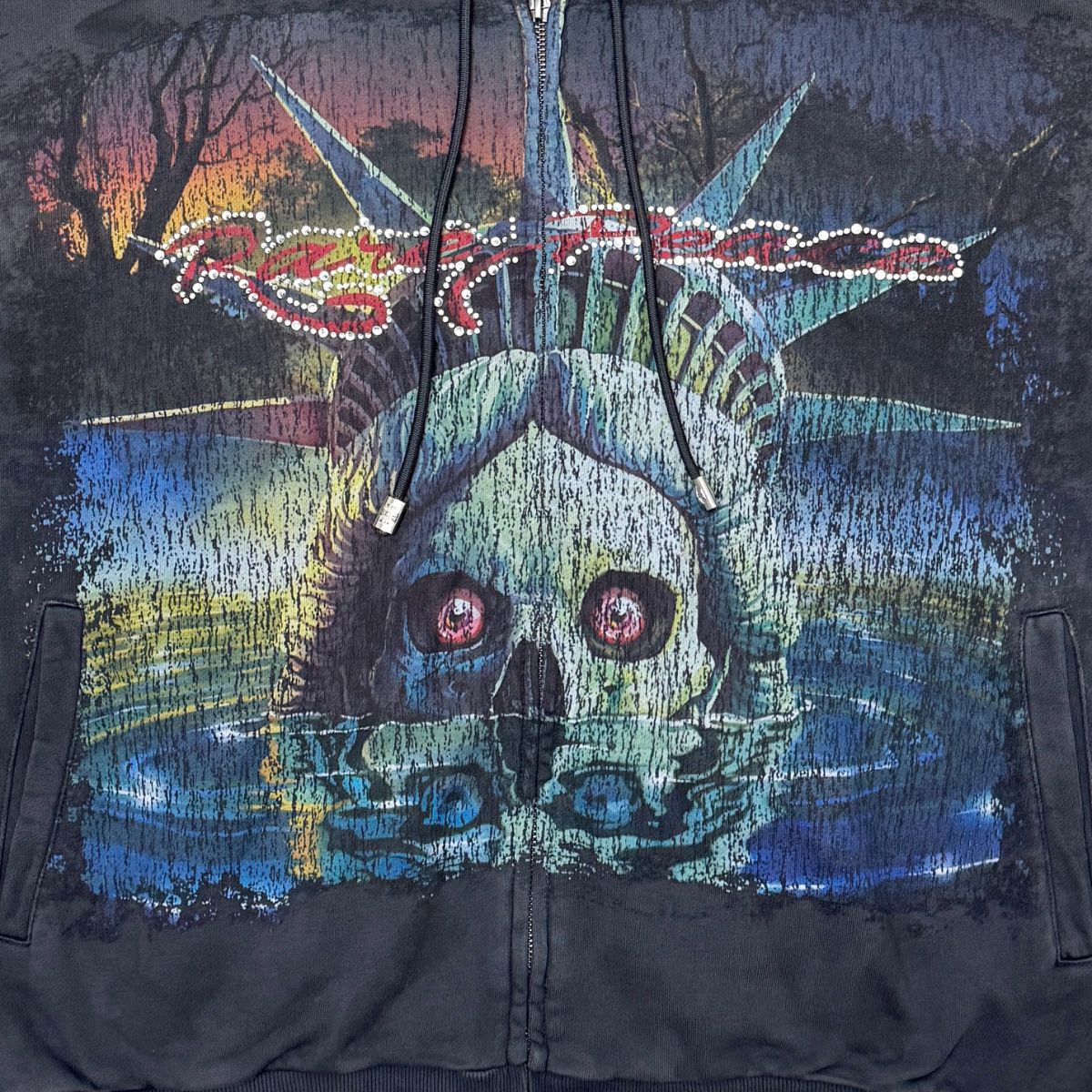 Washed F. Terry Pullover Hoodie w/ Rhinestones on Sleeves GRAY