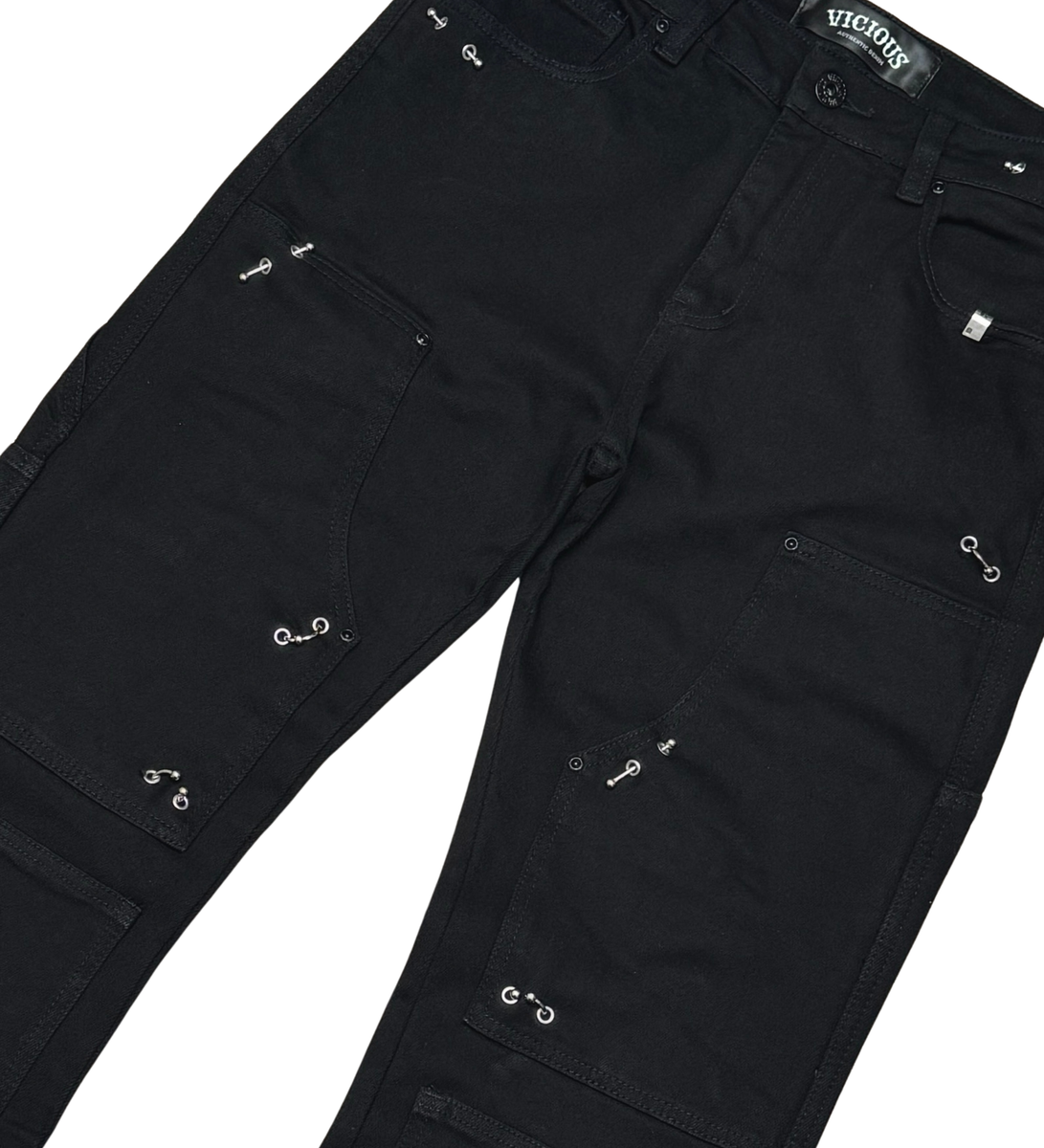 Vicious Baggy Fit Embellished Piercing Carpenter Denim - Vintage Black