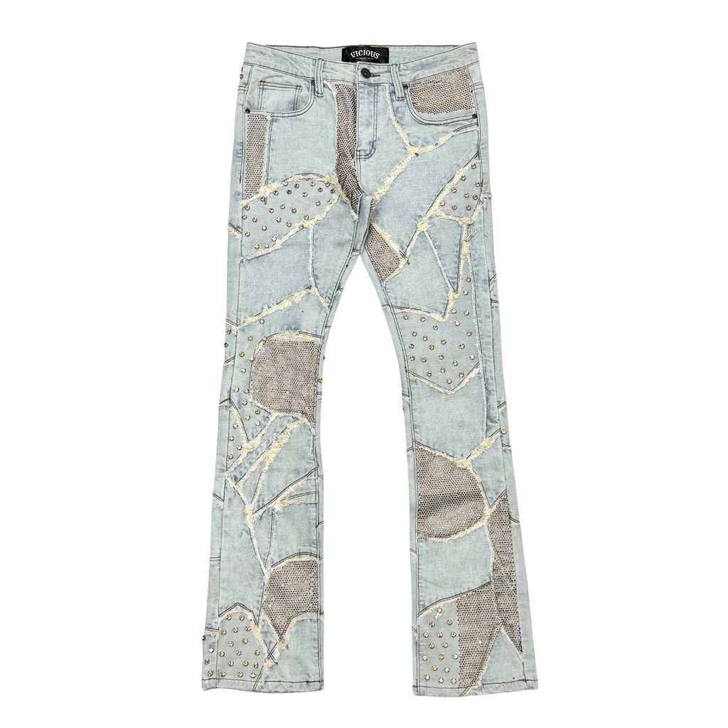 Vicious Boxy Rip & Repair Flare Denim Fray Details- Lt Blue