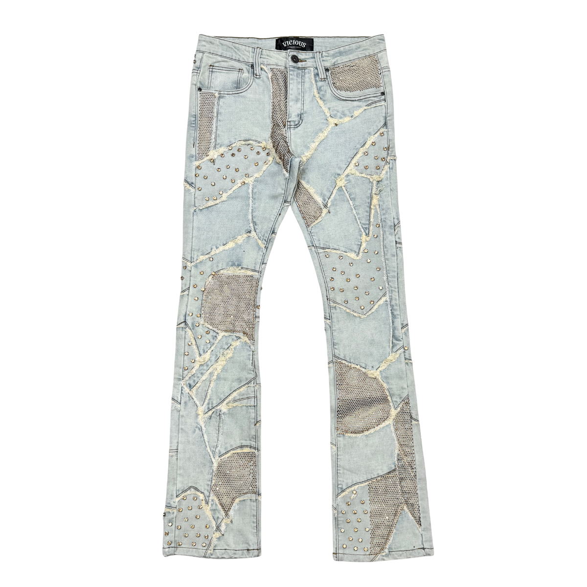 Vicious Boxy Rip & Repair Flare Denim Fray Details- Lt Blue