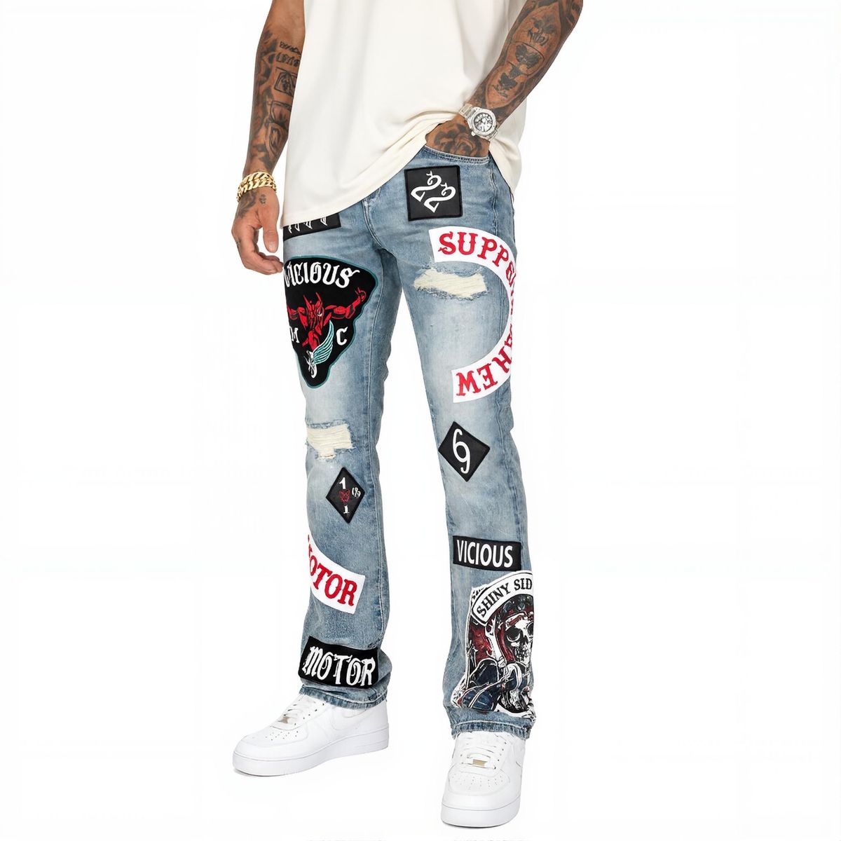 Vicious 'Vc1215' Patched Stacked Jeans- Lt Blue