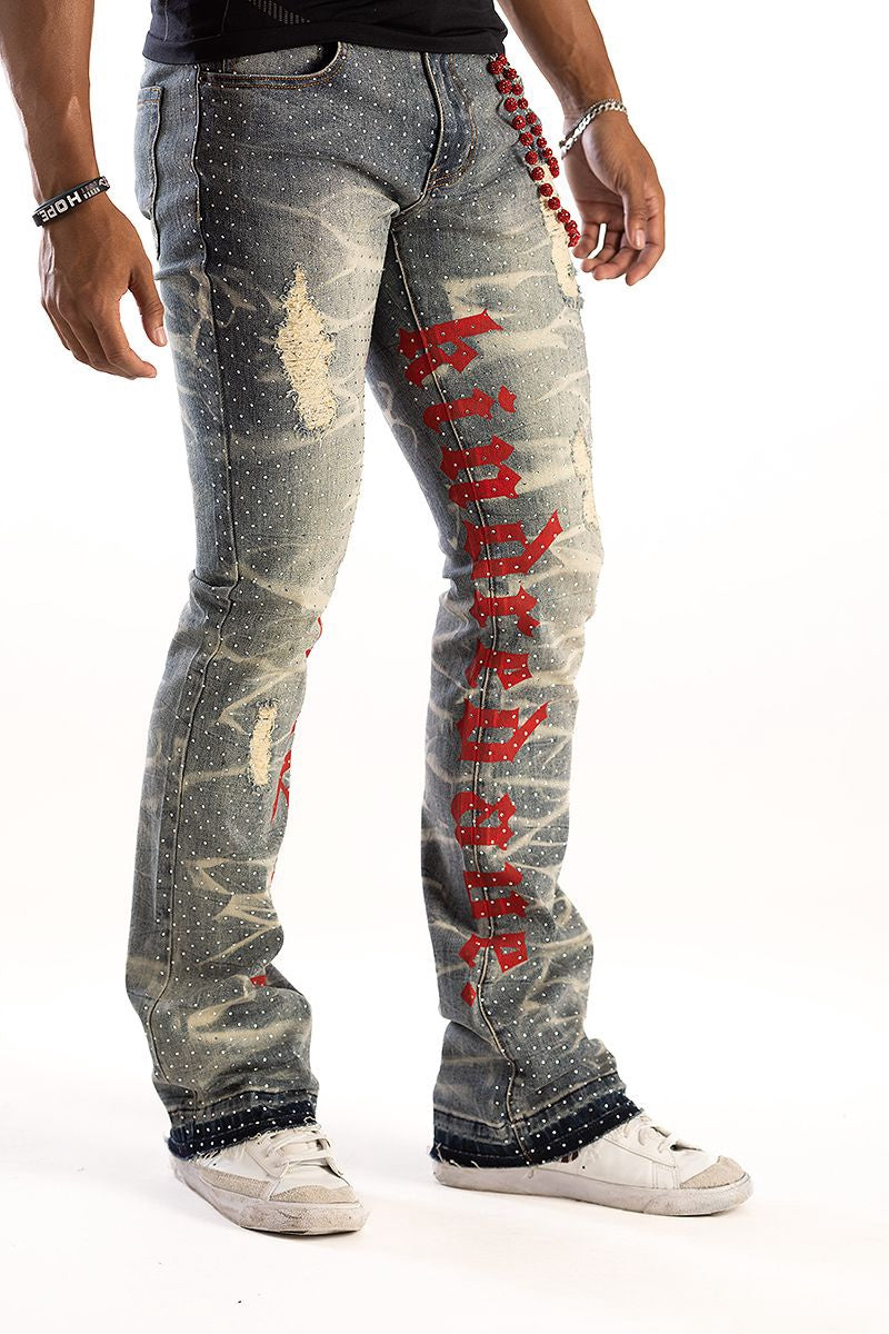 Kindred Rhinestone Letter Stacked Jeans- Smoke blue