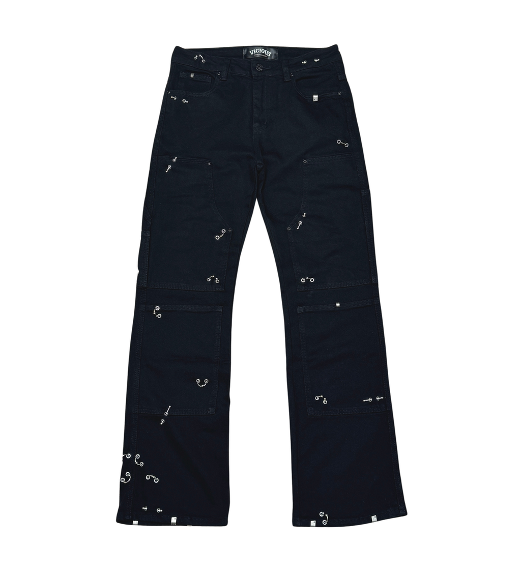 Vicious Baggy Fit Embellished Piercing Carpenter Denim - Vintage Black