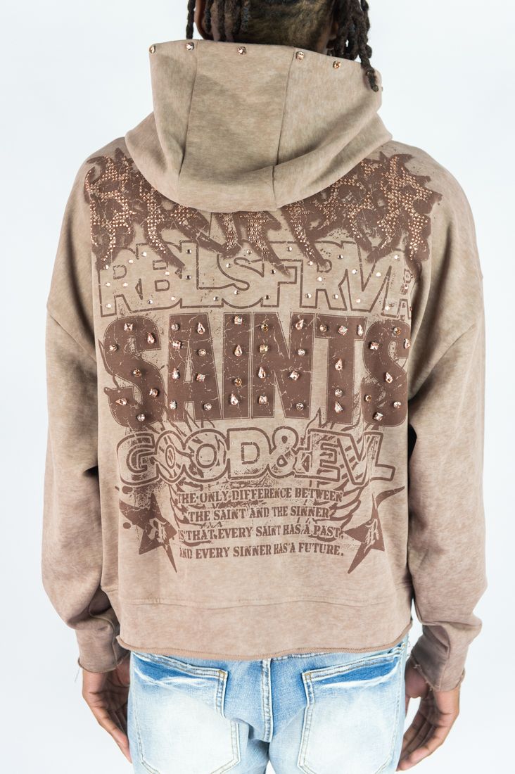 Rebel Rhinestone Cropped Hoodie - Brown
