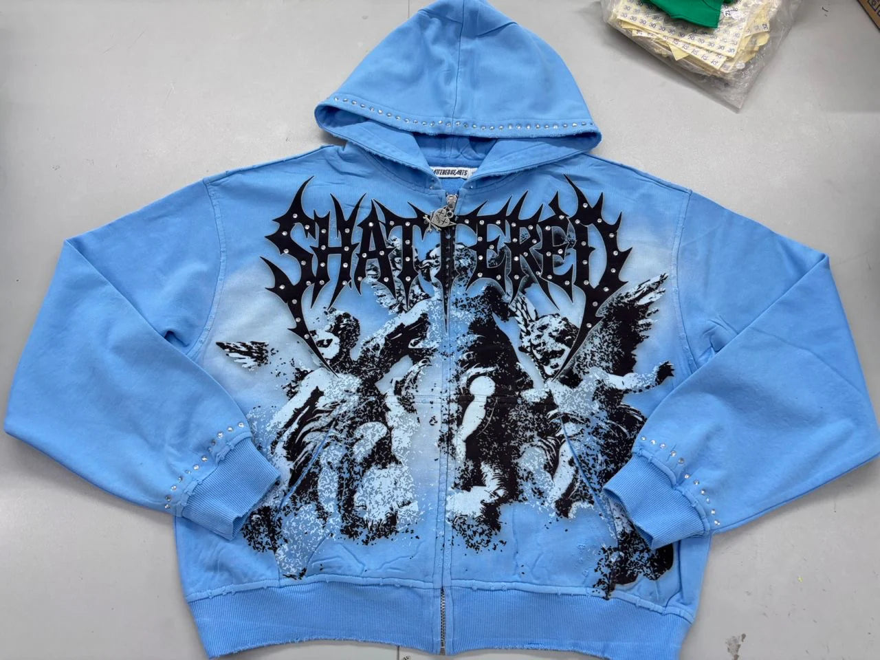 SHATTERED 'Falling Angels' Zip Up Hoodie- Blue