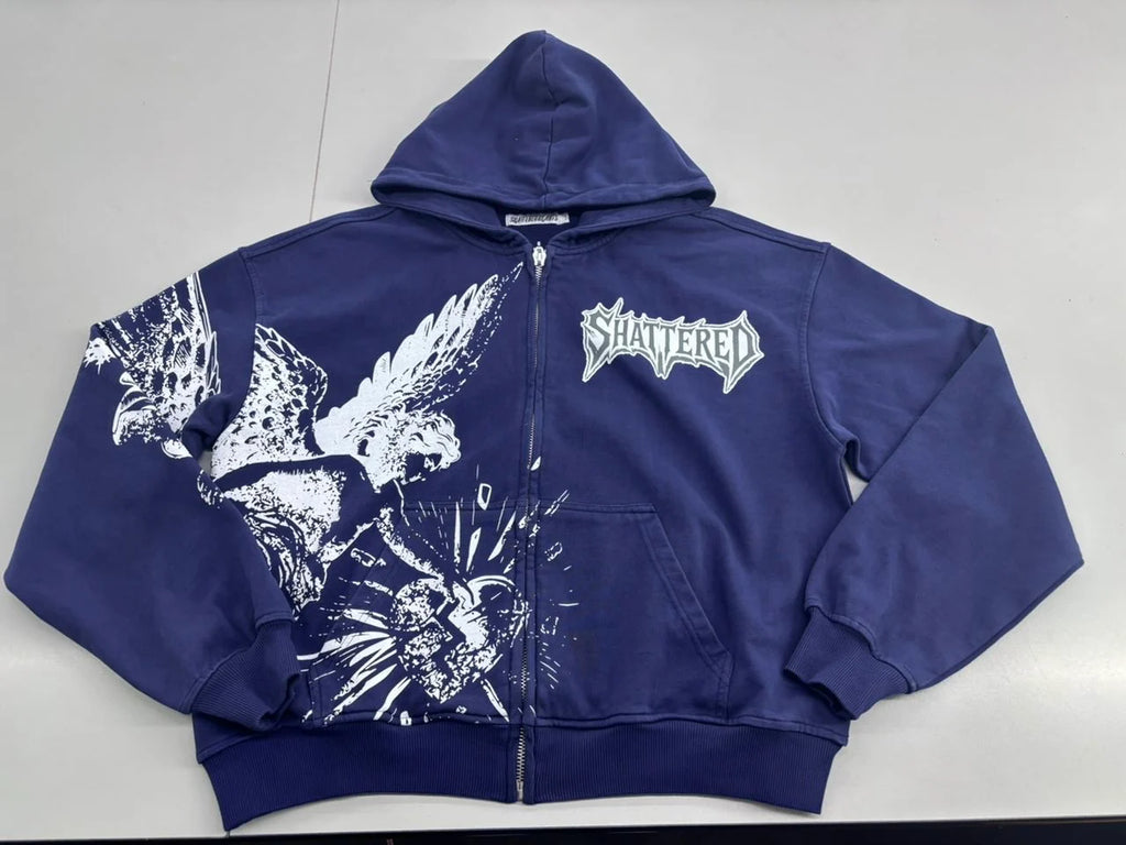 SHATTERED 'Catching Feelings' Zip Up Hoodie- Navy