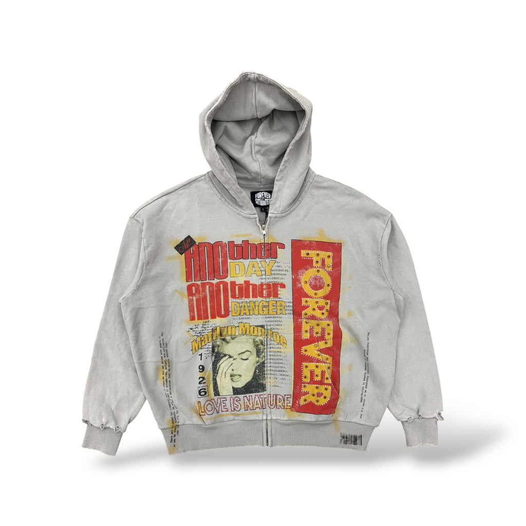Forever Love Danger Zip Up Hoodie- Grey