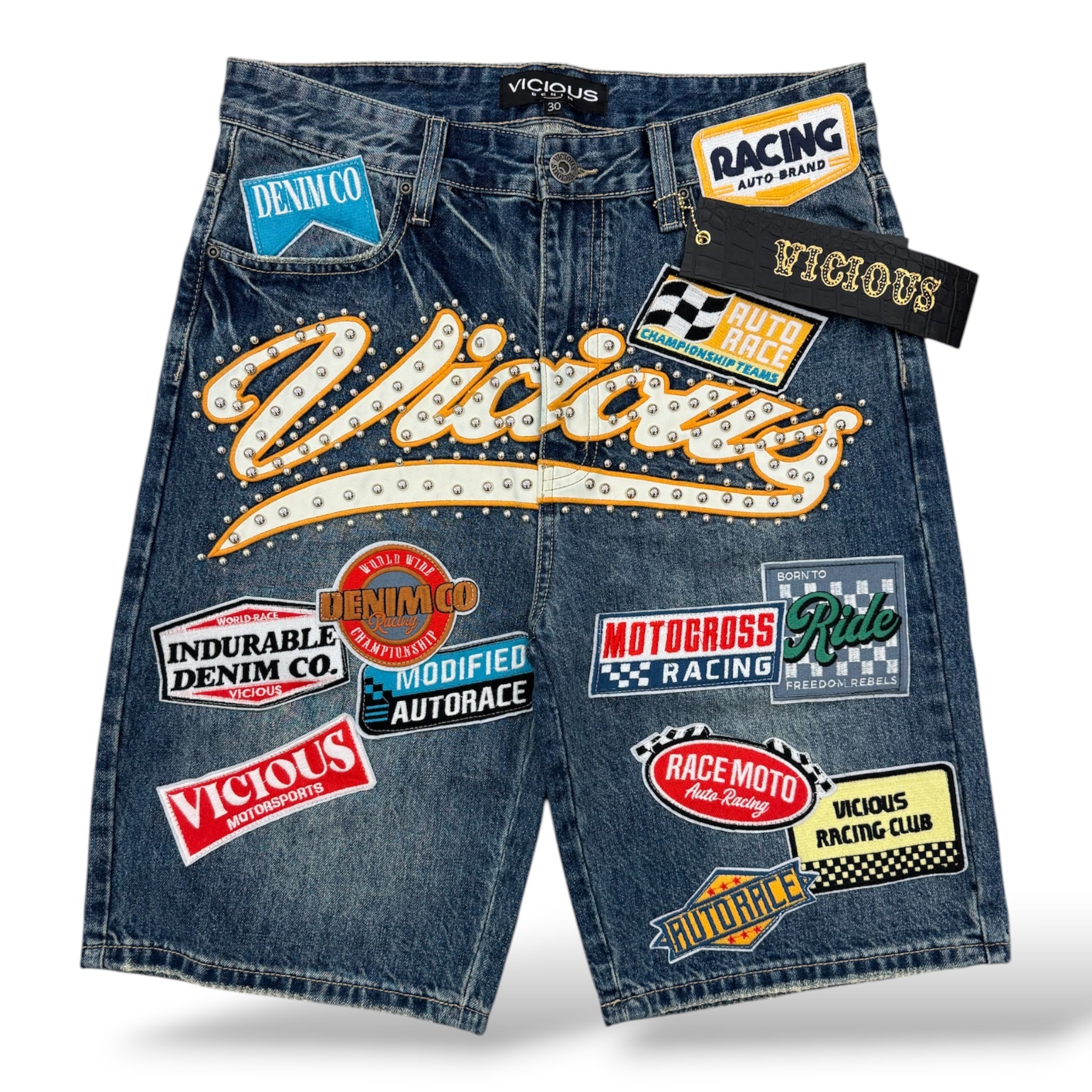 Vicious '1202' Patches Denim Shorts- Indigo