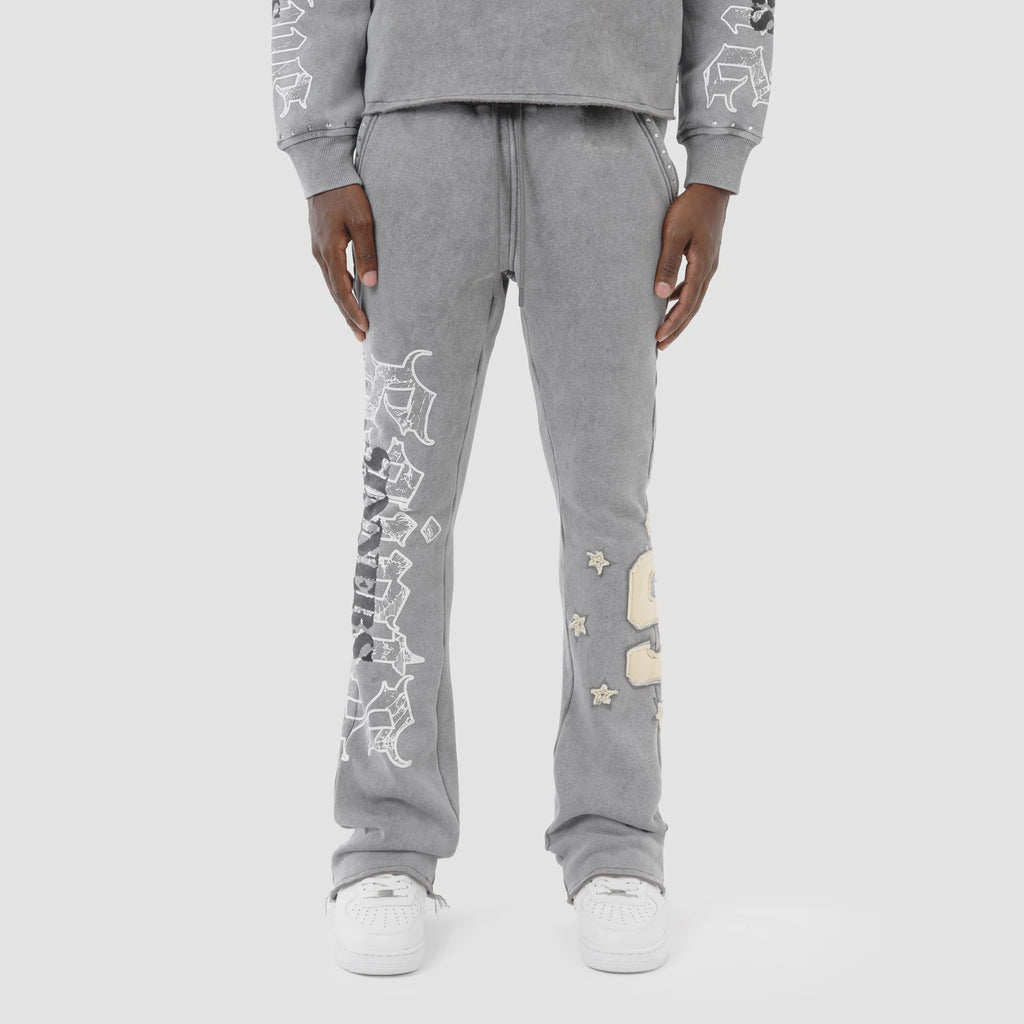 Copper Rivet Saint Stacked Sweatpants- Grey