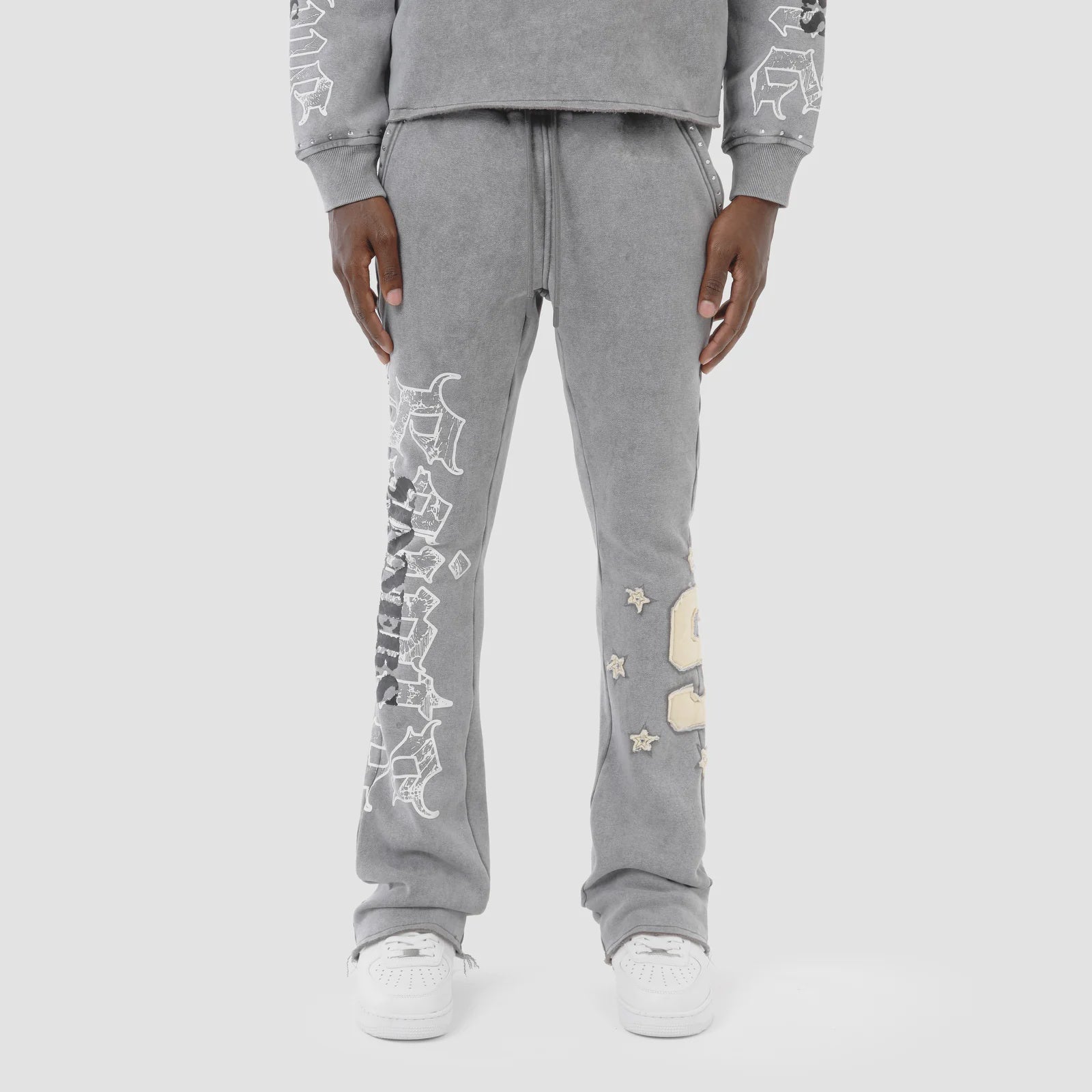 Copper Rivet Saint Stacked Sweatpants- Grey