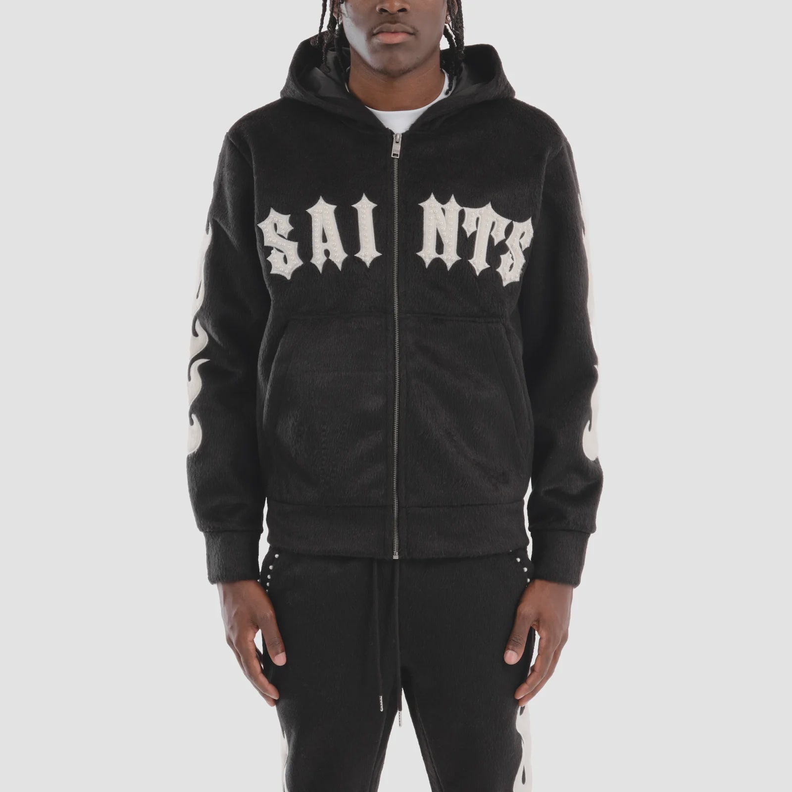 Copper Rivet Pearled Zip Up Hoodie- Blk