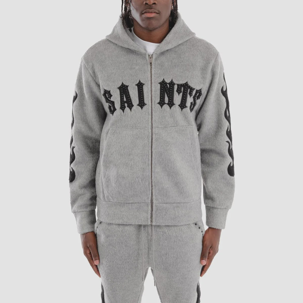 Copper Rivet Pearled Zip Up Hoodie- Grey