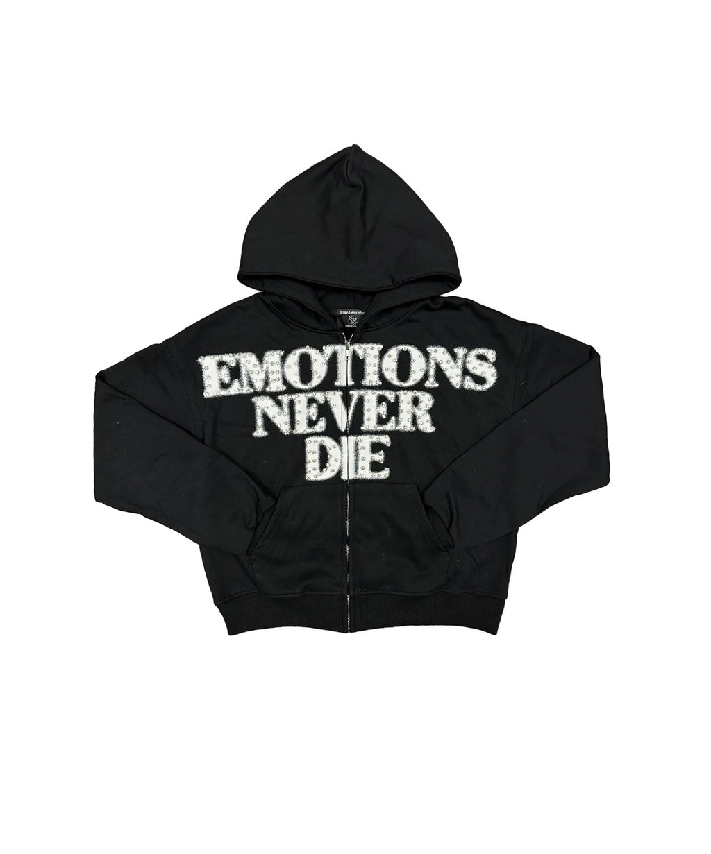M.E. ‘End’ Rhinestone Zip Up Hoodie- Black