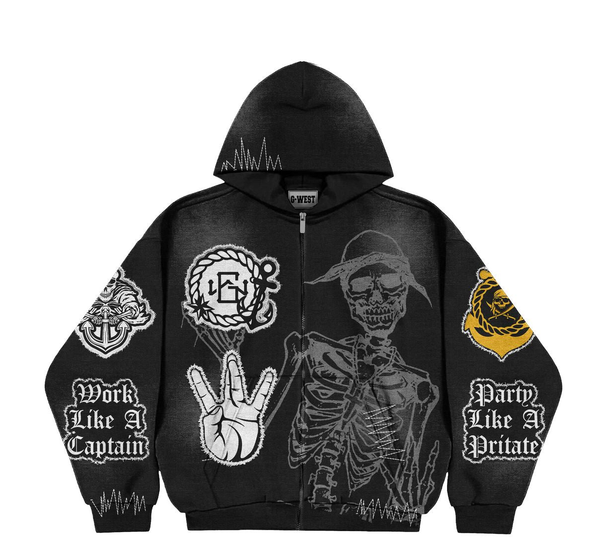 G WEST ‘Pirate Mode’  Zip Up Hoodie  (BLACK/GREY)