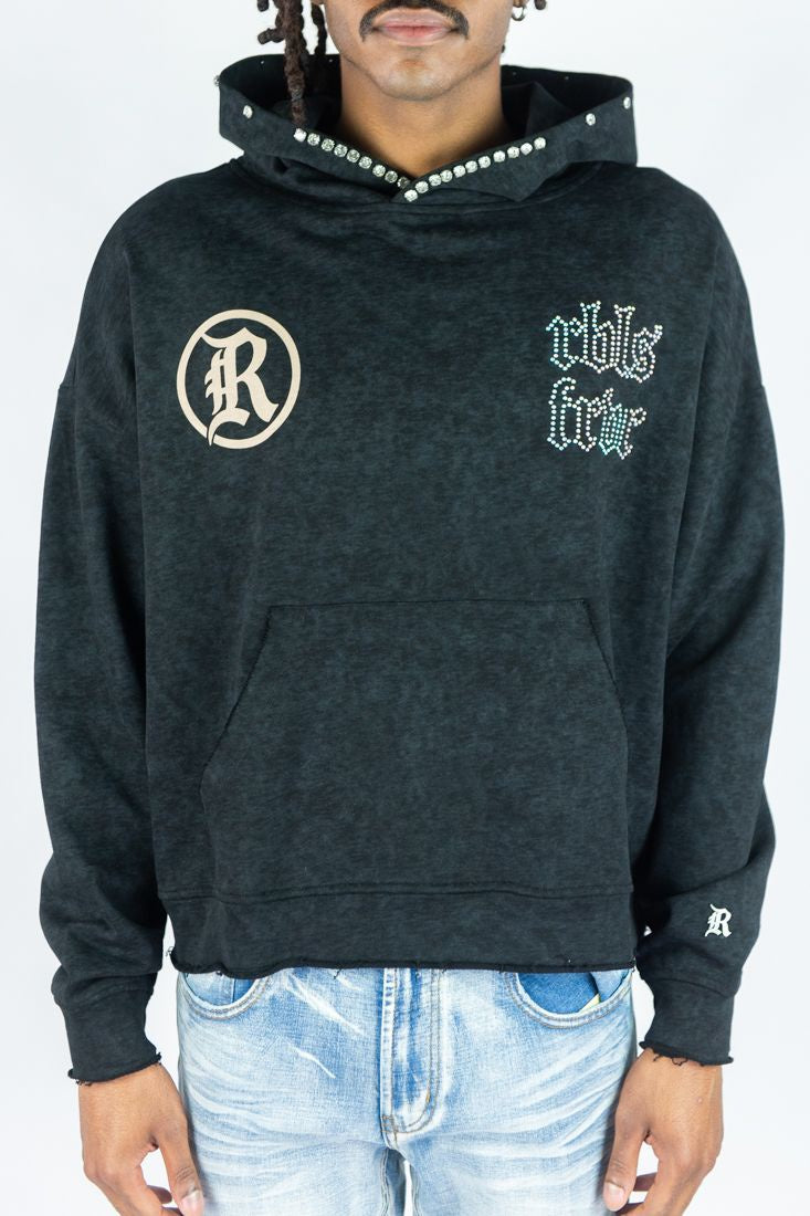Rebel Rhinestone Cropped Hoodie - Black