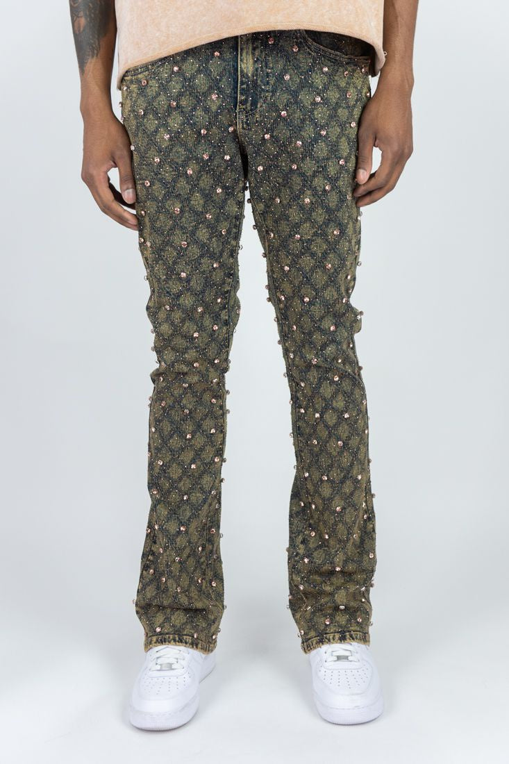 Rebel ‘Diamond Studded’ Stacked Jeans- Rust
