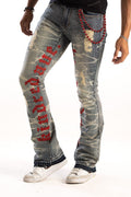 Kindred Rhinestone Letter Stacked Jeans- Smoke blue