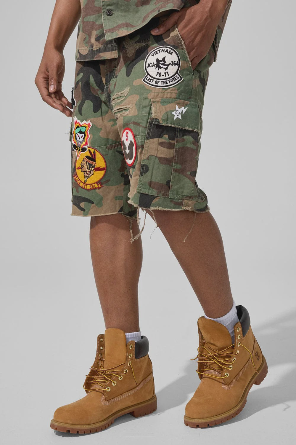 JC War Angel Cargo Shorts With Patches- Vintage Camo