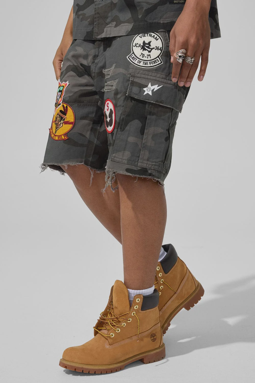 JC War Angel Cargo Shorts With Patches- Black Camo