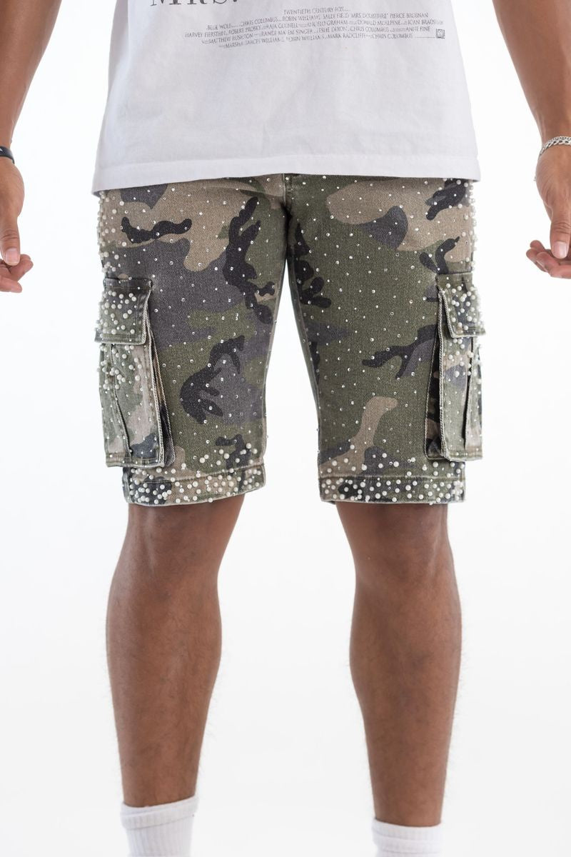 Kindred Rhinestone Denim Shorts-  Green Camo