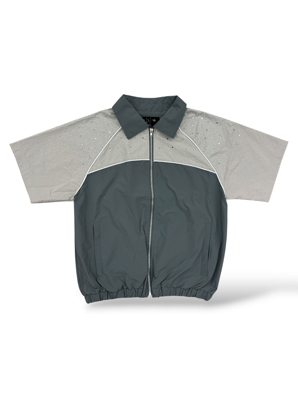 KD Rhinestone Nylon Zip-Up Shirt- Stone/Grey