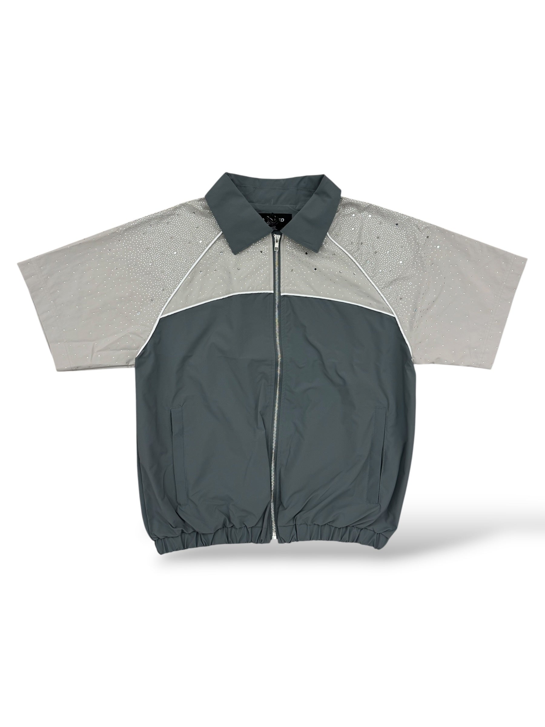 KD Rhinestone Nylon Zip-Up Shirt- Stone/Grey