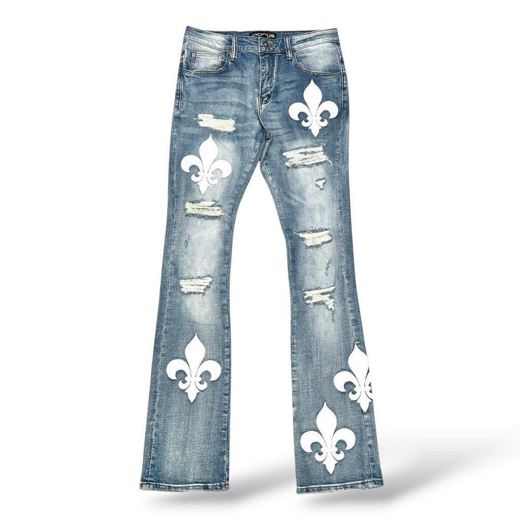 Vicious 'Premium Artwork All Over' Flared Jeans- Lt Blue
