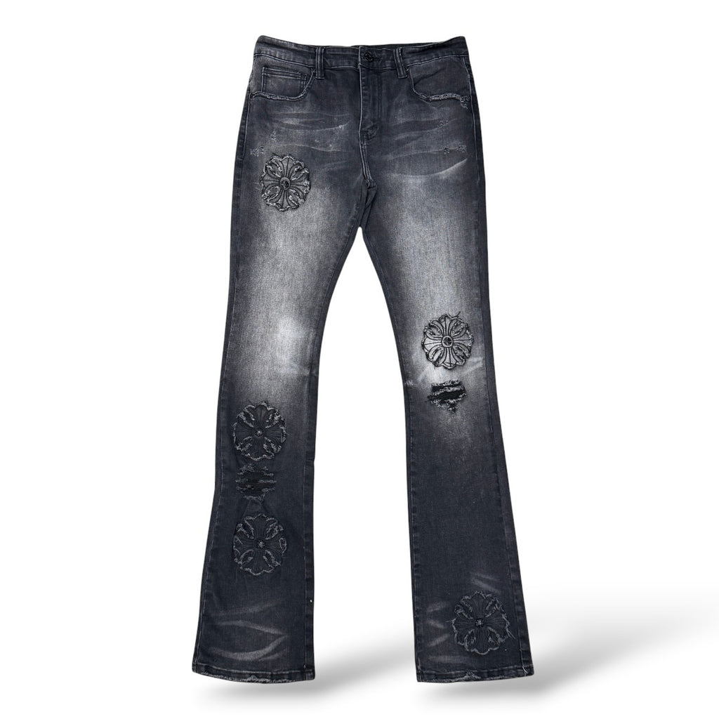 Vicious 'Premium Artwork All Over' Flared Jeans- Black