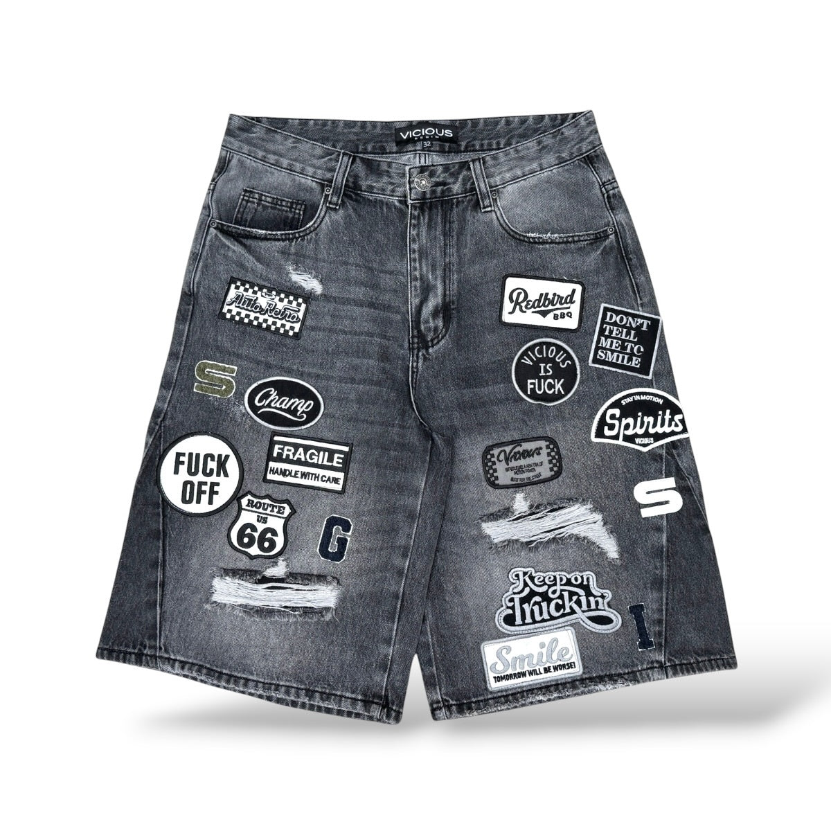 Vicious '1271' Patches Denim Shorts- Dark Grey