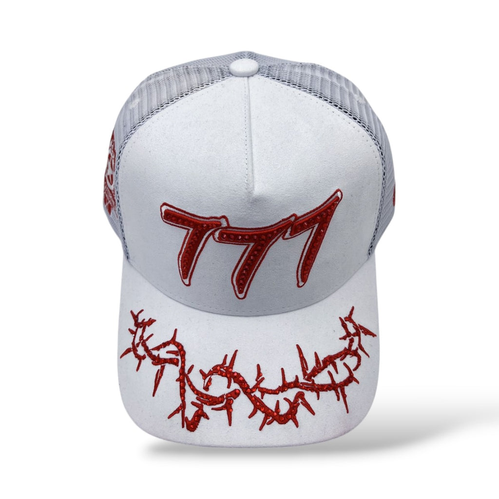 Hudson 'V2 Diamond 777' Suede Trucker Hat- White/Red