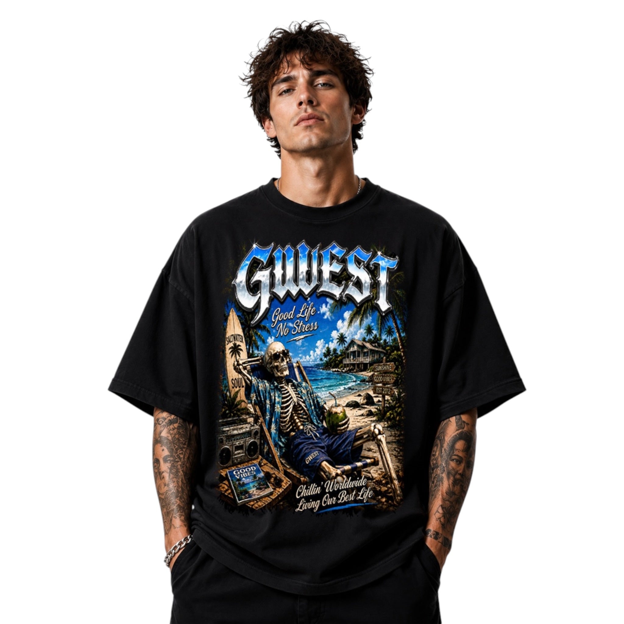 G West 'Good Life No Stress' T-Shirt- Black