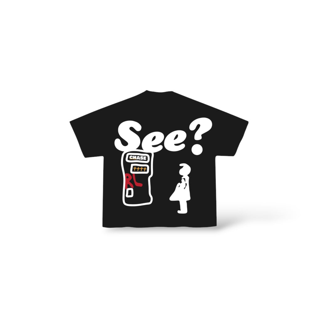 Red Letters 'At The Bank See' T-Shirt- Black