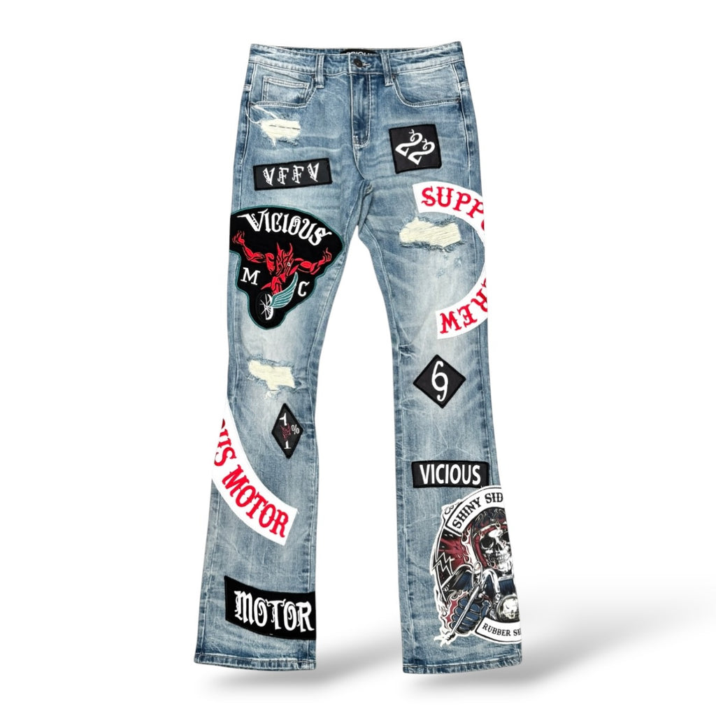 Vicious 'Vc1215' Patched Stacked Jeans- Lt Blue