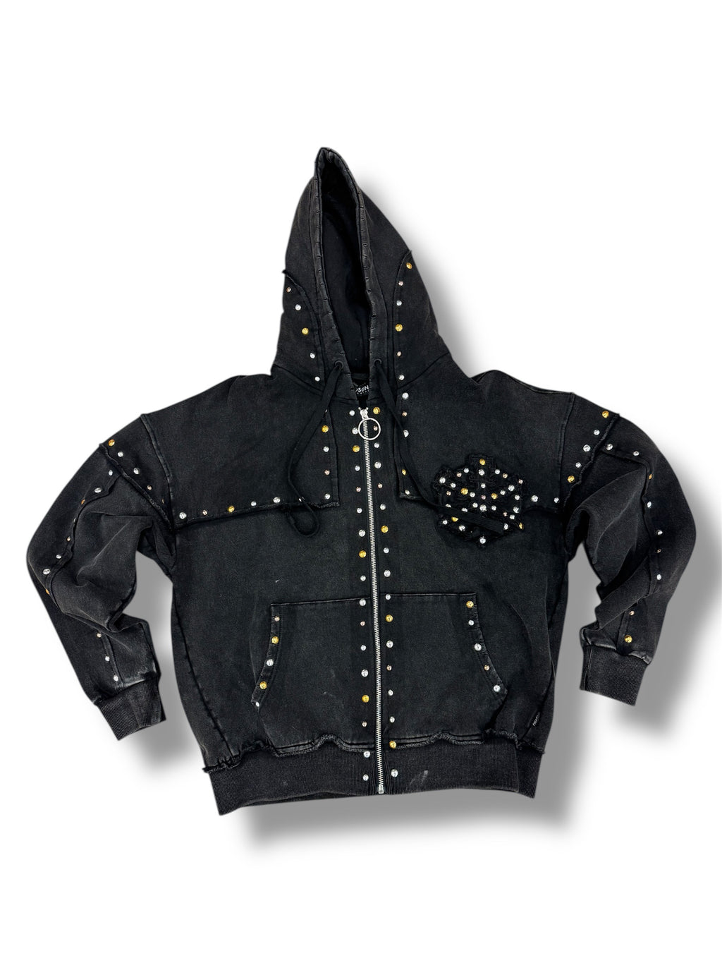 Hudson Gold Studded Metal Zip Up Hoodie- Black