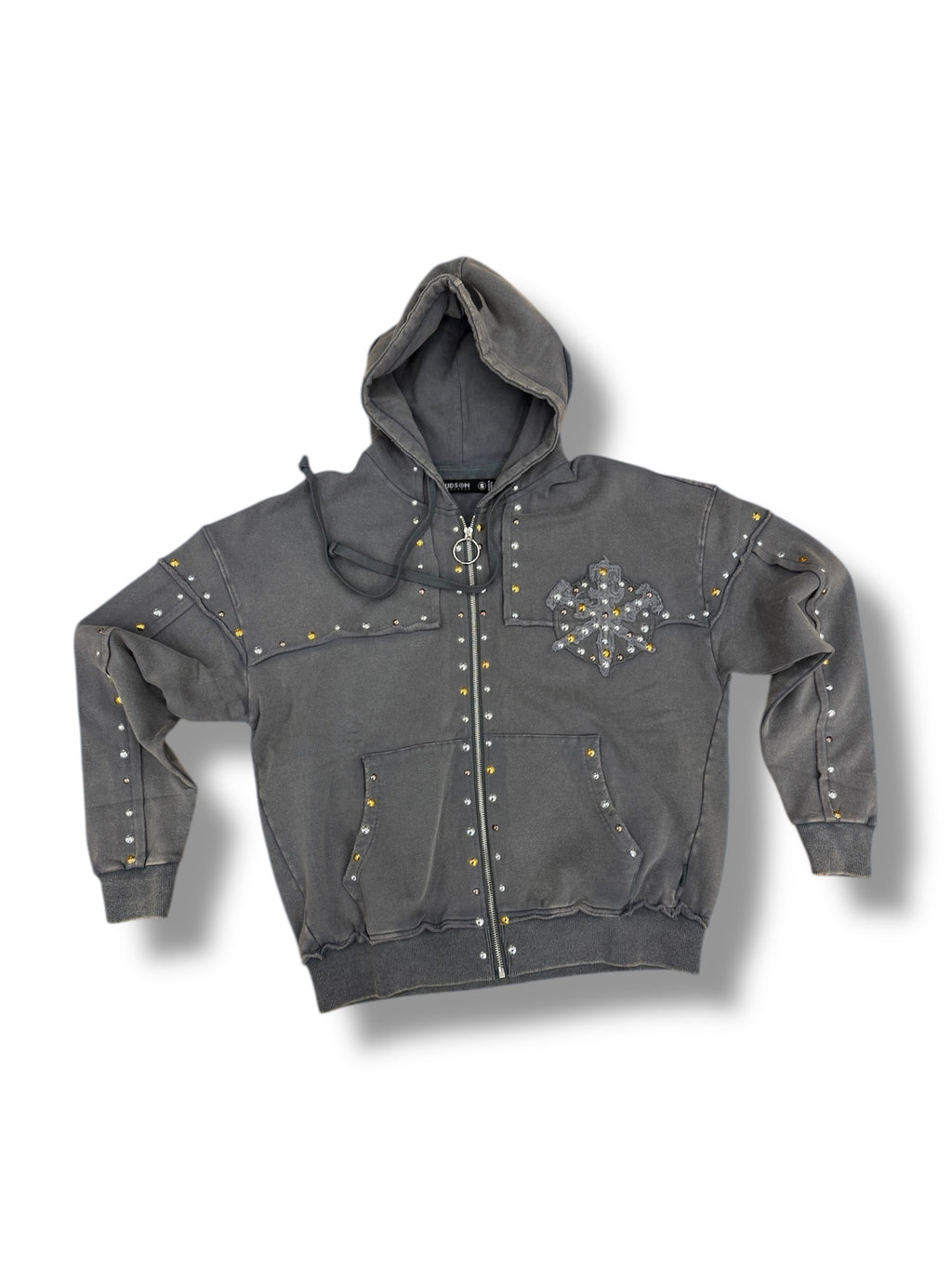 Hudson Gold Studded Metal Zip Up Hoodie- Grey