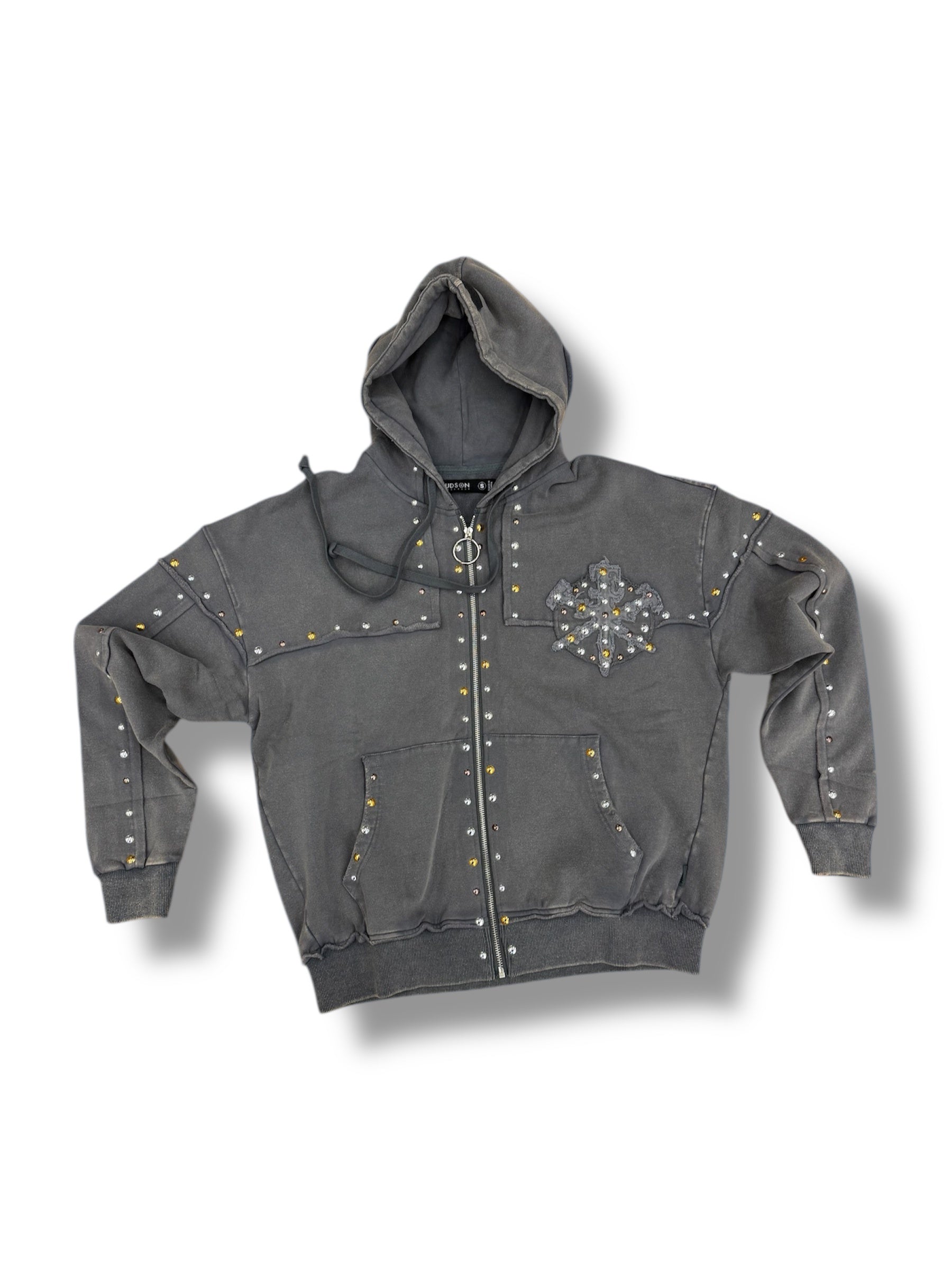 Hudson Gold Studded Metal Zip Up Hoodie- Grey
