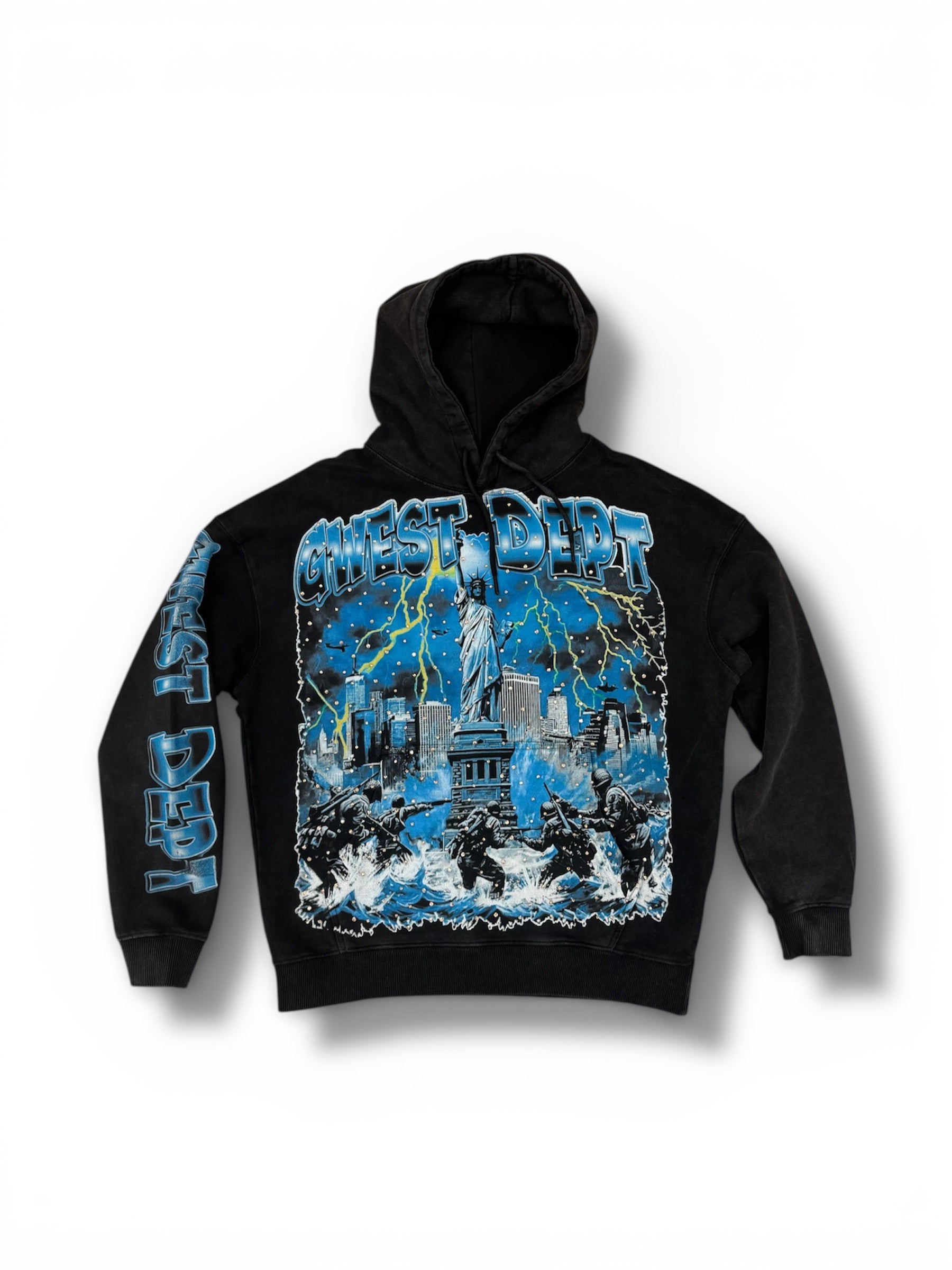 G WEST RHINESTONE LIBERTY STORM PULL OVER HOODIE (NAVY WASH)