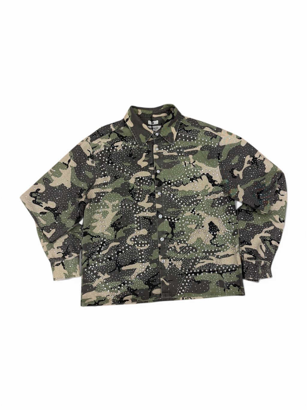 Majestik Varsity Rhinestone Tapestry Shirts- Wood Camo