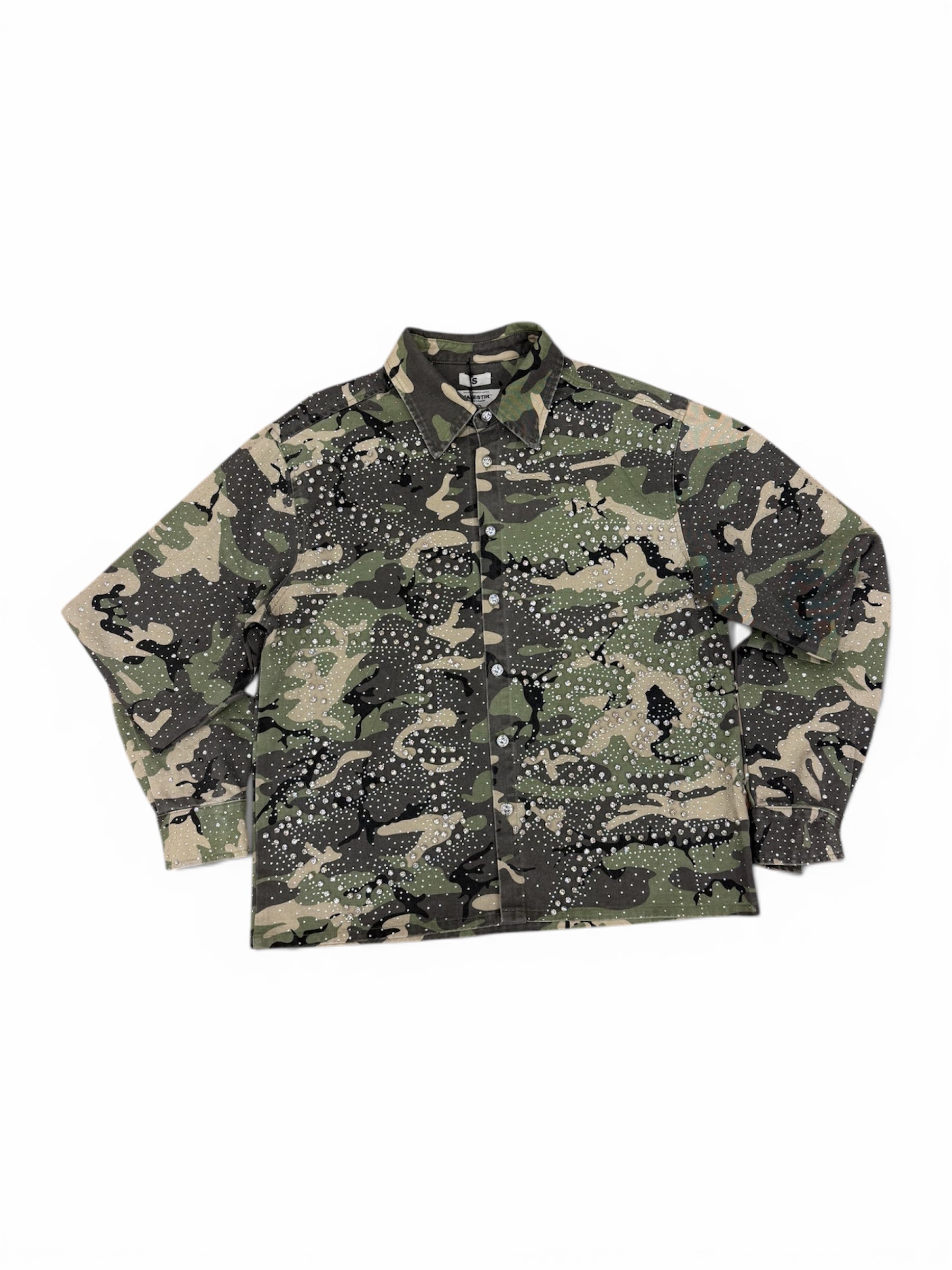 Majestik Varsity Rhinestone Tapestry Shirts- Wood Camo