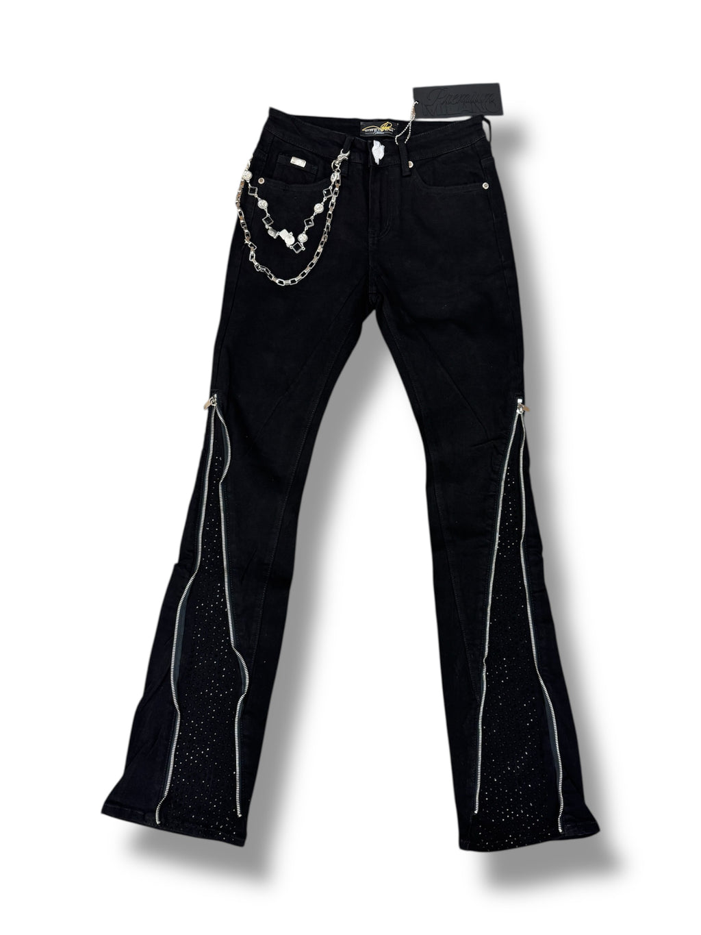 Jet Blk flare jeans- Zip & Blk stones