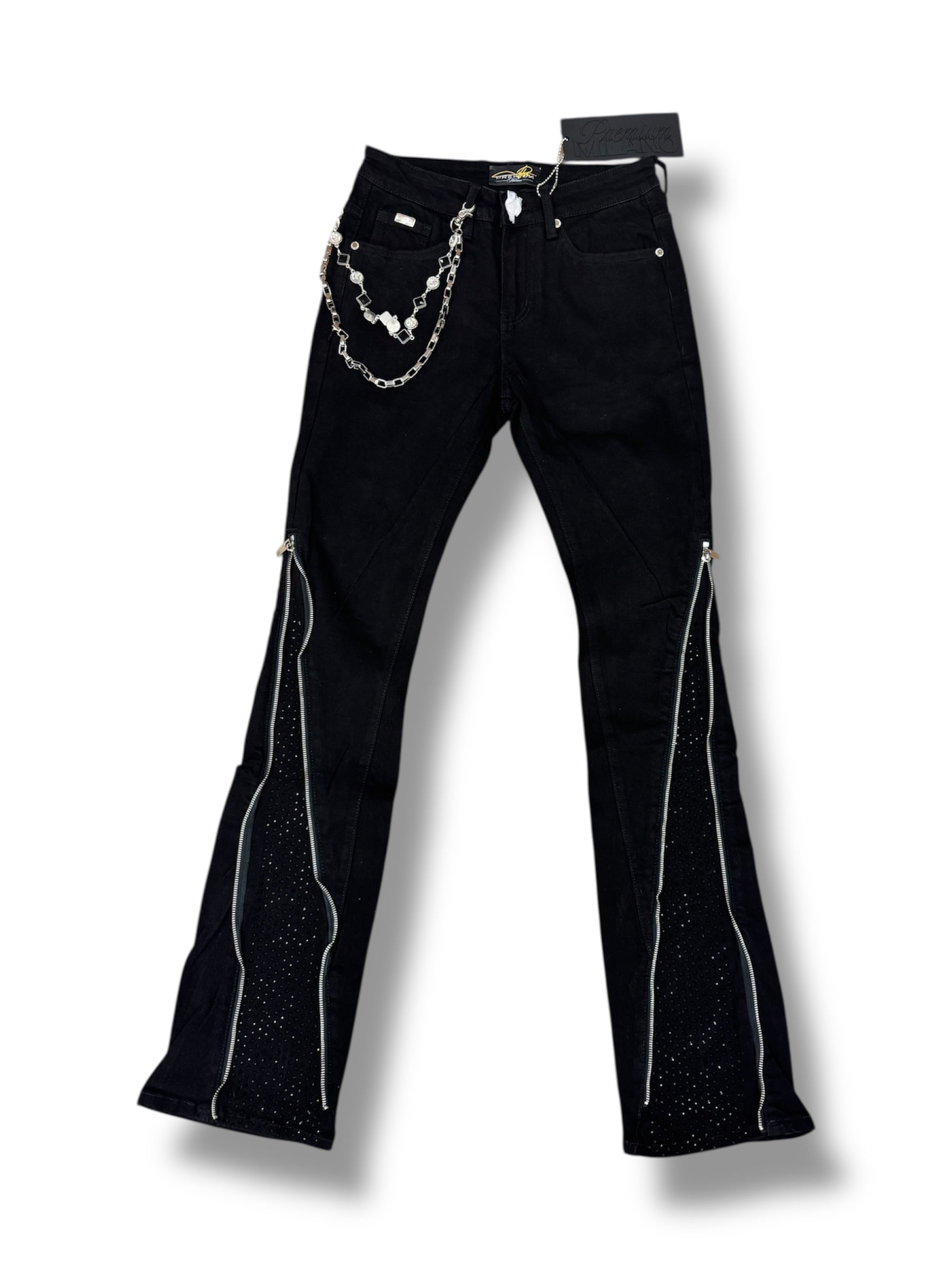Jet Blk flare jeans- Zip & Blk stones
