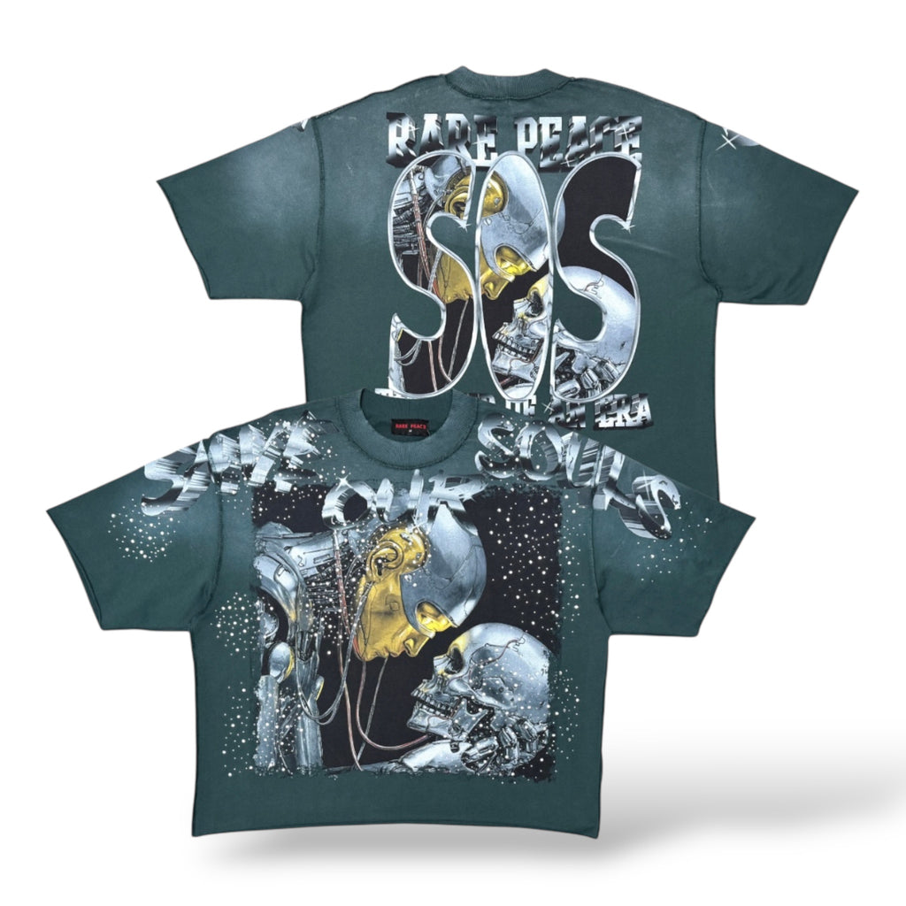 Rare Peace AI Skull Tee W/ Rhinestone Detail- Pine Green