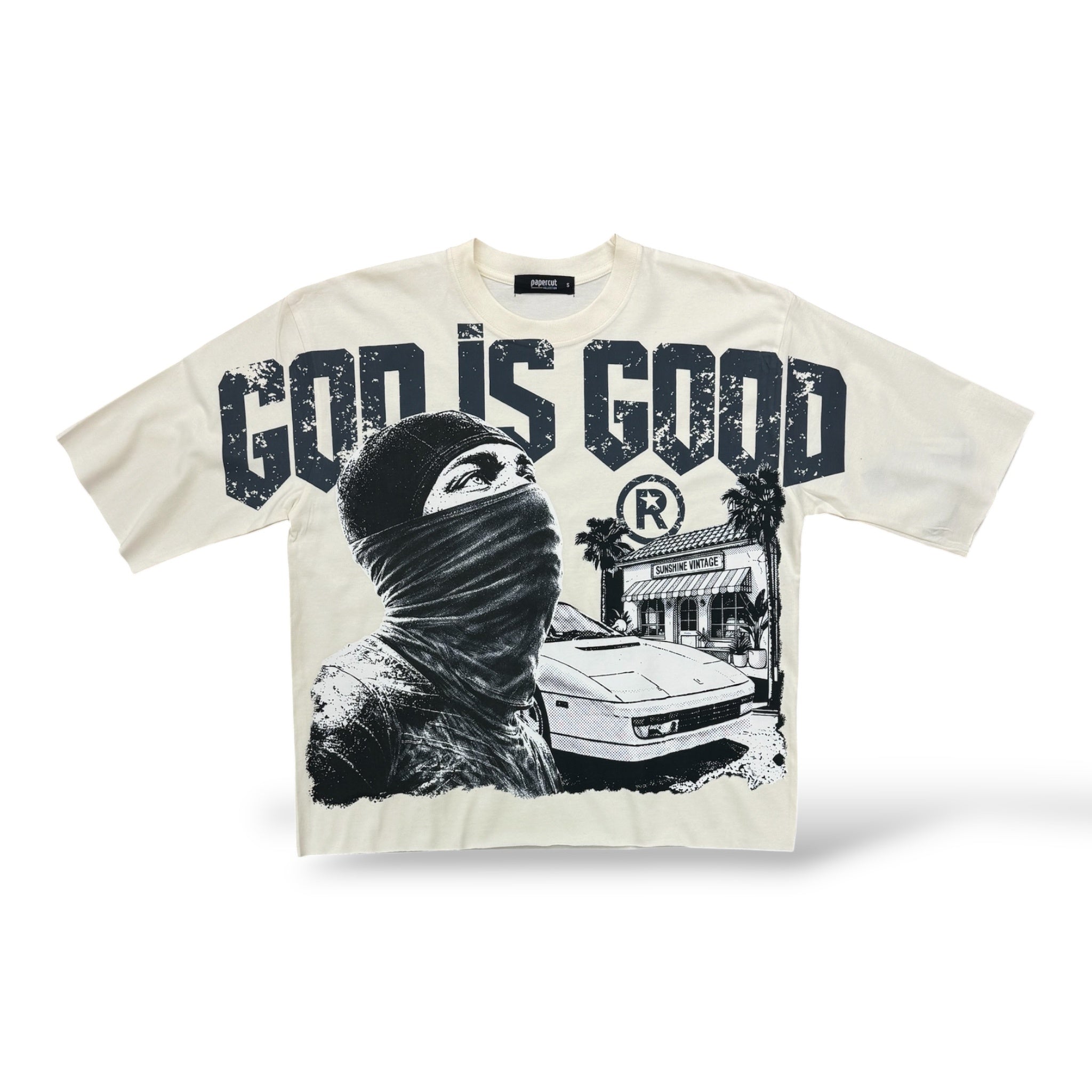 3Forty 'God is Good' Oversized Cropped T-Shirt- Cream