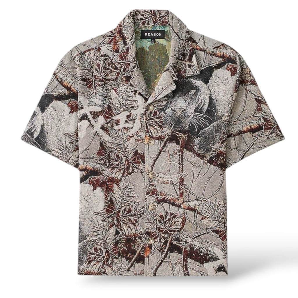 Reason 'Snow Panther Tapestry Leisure' Button Up Shirt (628T)- Cream