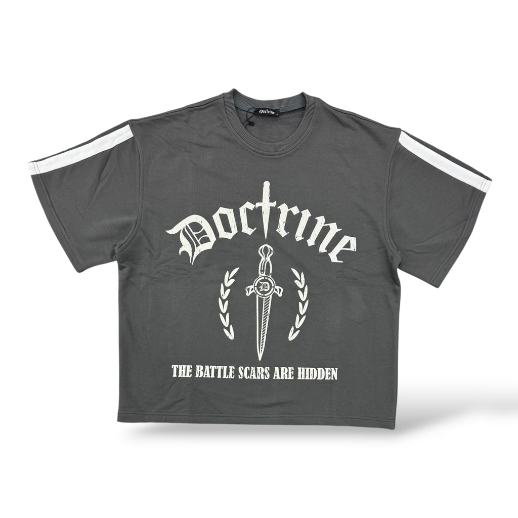 Doctrine 'Printed Double Striped' T-Shirt- Grey