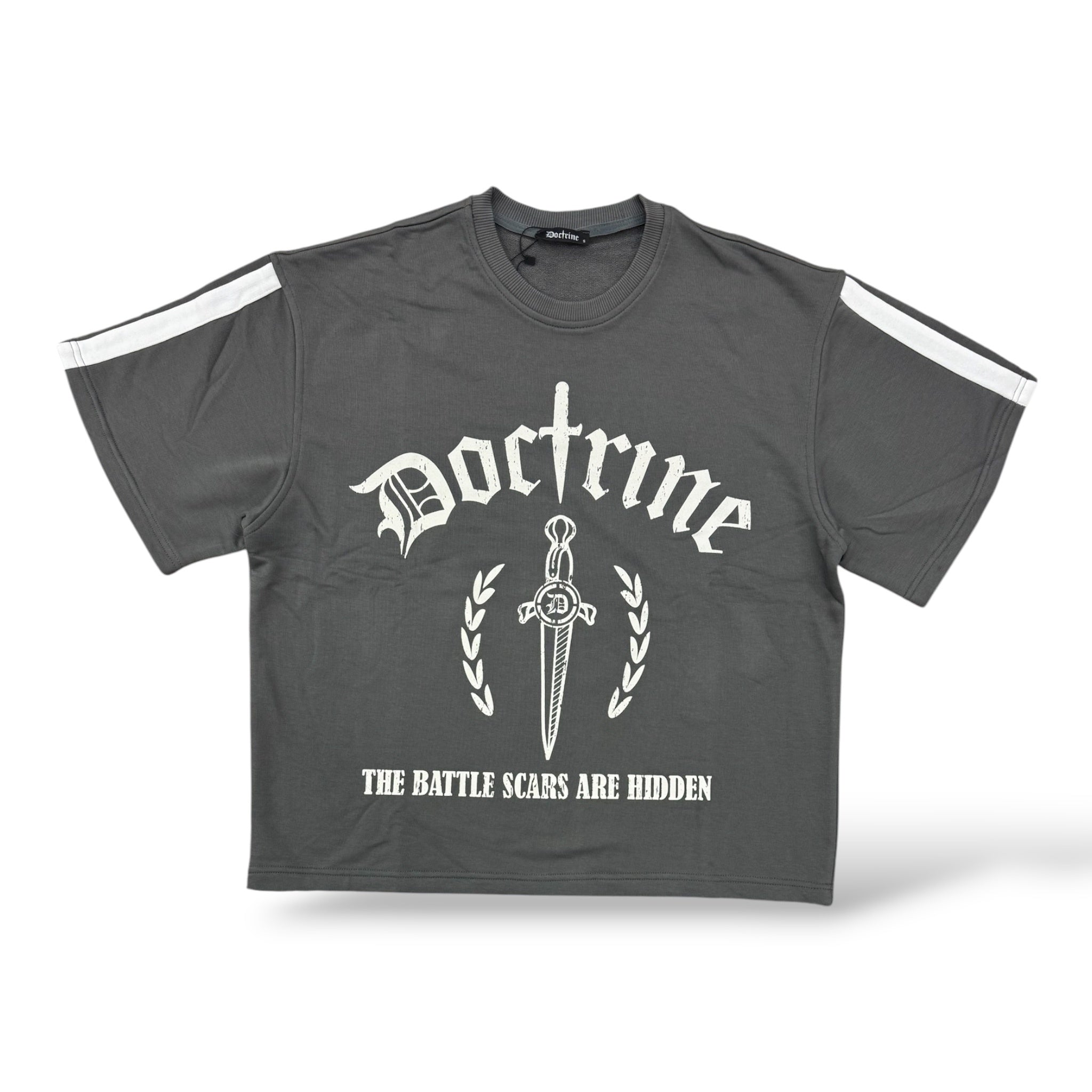 Doctrine 'Printed Double Striped' T-Shirt- Grey