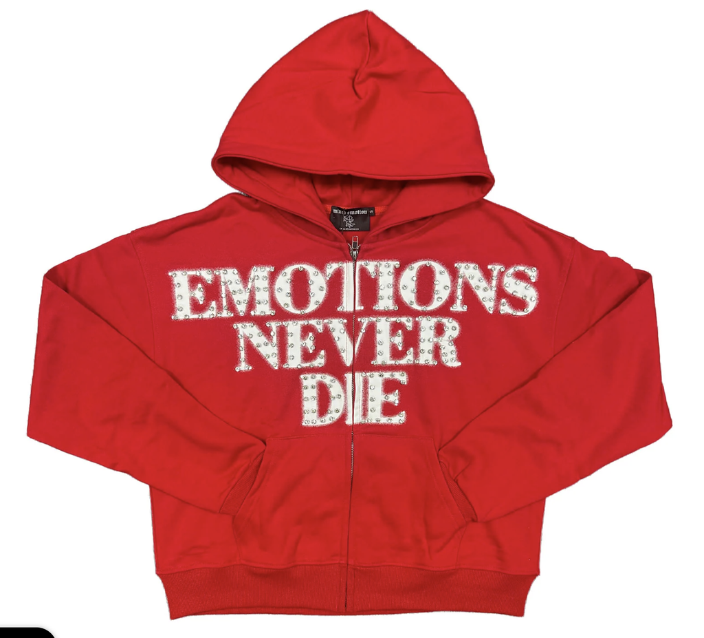 M.E. ‘End’ Rhinestone Zip Up Hoodie- Red